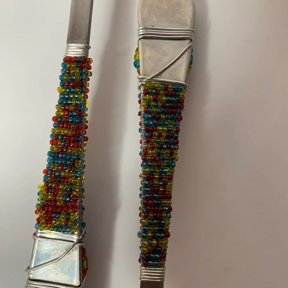 beaded serving fork and spoon, multicolored beads wire accents